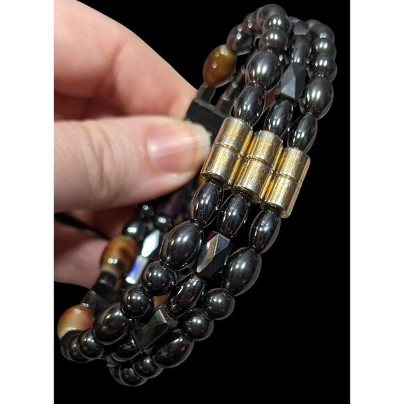 Men's Hematite And Brown Glass Layered Beaded Magnetic Bracelet - Picture 2 of 8